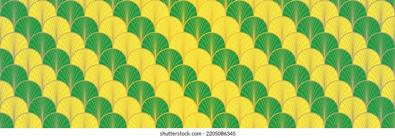 Japanese Fan Golden Seamless Pattern. Bohemian Geometric Asian Wave Texture. Luxurious Japanese Clothes Design. Elegant Kimono Fabric. Retro Gold Chinese Seamless Pattern. Soft Shape Curve Print
