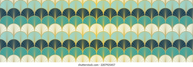 Japanese Fan Golden Seamless Pattern. Bohemian Geometric Asian Wave Texture. Elegant Kimono Textile. Rich VIP Japanese Clothes Print. Retro Gold Chinese Seamless Pattern. Geo Arc Shape Pattern