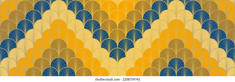 Japanese Fan Golden Seamless Pattern. Bohemian Geometric Asian Wave Texture. Bohemian Kimono Textile. Rich VIP Japanese Clothes Pattern. Vintage Gold Chinese Seamless Pattern. Boho Arc Curve Print