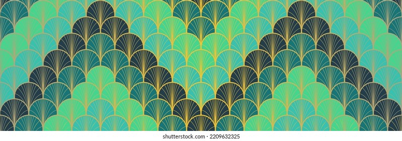 Japanese Fan Golden Seamless Pattern. Bohemian Geometric Asian Wave Texture. Elegant Kimono Fabric. Rich VIP Japanese Clothes Print. Retro Gold Chinese Seamless Pattern. Deco Shape Shell Design