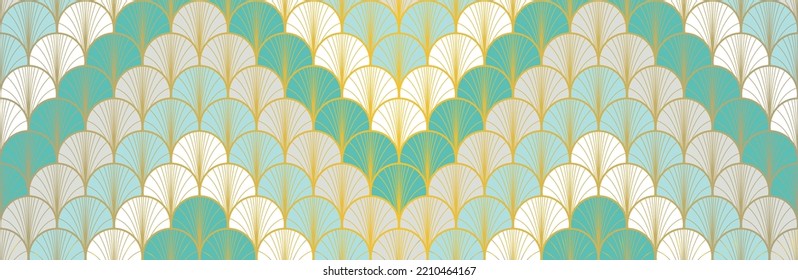 Japanese Fan Golden Seamless Pattern. Glamour Kimono Fabric. Rich VIP Japanese Clothes Pattern. Geometric Bohemian Asian Wave Design. Retro Gold Chinese Seamless Pattern. Geo Shape Curve Print