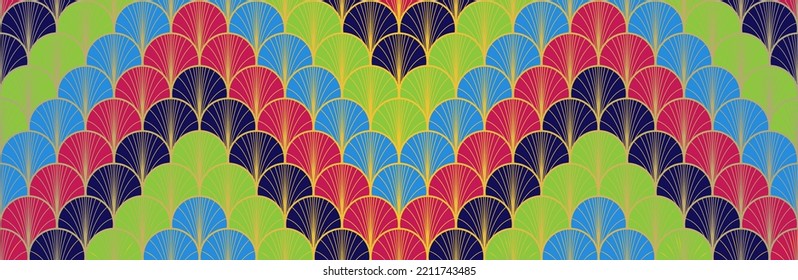 Japanese Fan Golden Seamless Pattern. Rich VIP Japanese Clothes Pattern. Elegant Kimono Textile. Geometric Bohemian Asian Wave Texture. Retro Gold Chinese Seamless Pattern. Deco Arc Shape Design