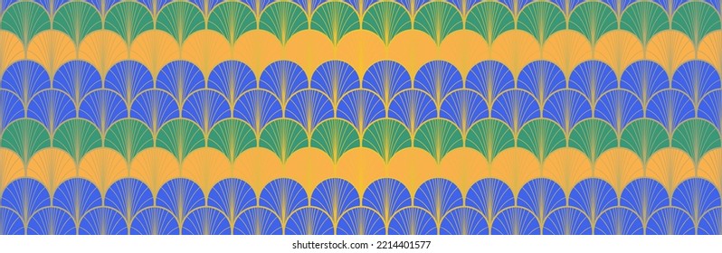 Japanese Fan Golden Seamless Pattern. Geometric Bohemian Asian Wave Texture. Elegant Kimono Fabric. Rich VIP Japanese Clothes Design. Vintage Gold Chinese Seamless Pattern. Deco Shape Curve Pattern