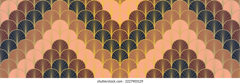 Japanese Fan Golden Seamless Pattern. Bohemian Kimono Fabric. Rich VIP Japanese Clothes Pattern. Geometric Bohemian Asian Wave Design. Retro Gold Chinese Seamless Pattern. Deco Shape Arc Print