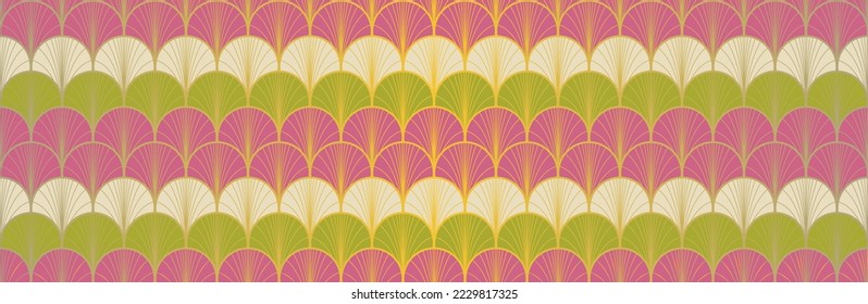 Japanese Fan Golden Seamless Pattern. Bohemian Kimono Fabric. Rich VIP Japanese Clothes Texture. Bohemian Geometric Asian Wave Print. Retro Gold Chinese Seamless Pattern. Geo Arc Shell Pattern