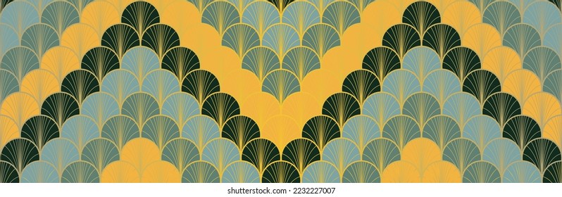 Japanese Fan Golden Seamless Pattern. Premium Japanese Clothes Texture. Glamour Kimono Fabric. Bohemian Geometric Asian Wave Pattern. Retro Gold Chinese Seamless Pattern. Boho Arc Shell Design