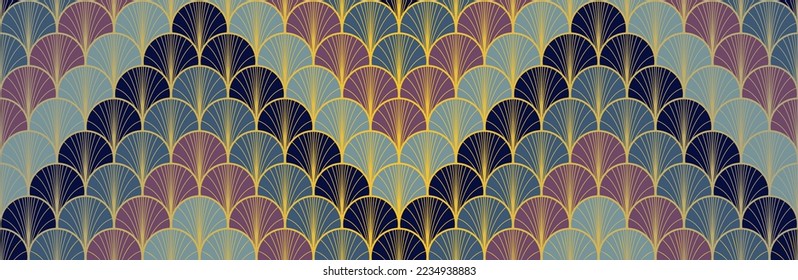 Japanese Fan Golden Seamless Pattern. Premium Japanese Clothes Design. Geometric Bohemian Asian Wave Texture. Elegant Kimono Fabric. Retro Gold Chinese Seamless Pattern. Geo Shape Arc Pattern