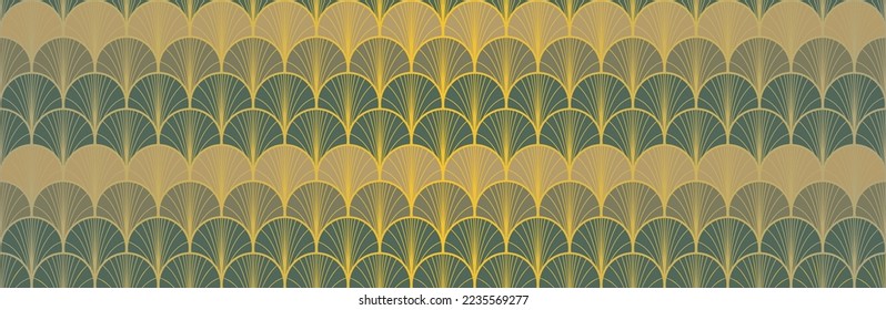 Japanese Fan Golden Seamless Pattern. Premium Japanese Clothes Design. Bohemian Kimono Fabric. Bohemian Geometric Asian Wave Texture. Retro Gold Chinese Seamless Pattern. Geo Shape Shell Print