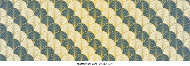 Japanese Fan Golden Seamless Pattern. Premium Japanese Clothes Print. Bohemian Kimono Textile. Geometric Bohemian Asian Wave Texture. Retro Gold Chinese Seamless Pattern. Soft Shell Curve Design