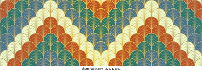 Japanese Fan Golden Seamless Pattern. Bohemian Geometric Asian Wave Texture. Premium Japanese Clothes Design. Elegant Kimono Fabric. Vintage Gold Chinese Seamless Pattern. Soft Curve Shell Print