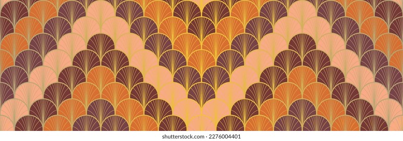 Japanese Fan Golden Seamless Pattern. Rich VIP Japanese Clothes Print. Glamour Kimono Textile. Geometric Bohemian Asian Wave Pattern. Retro Gold Chinese Seamless Pattern. Boho Curve Shell Texture