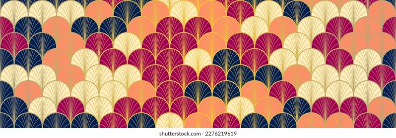 Japanese Fan Golden Seamless Pattern. Bohemian Geometric Asian Wave Pattern. Premium Japanese Clothes Print. Bohemian Kimono Textile. Retro Gold Chinese Seamless Pattern. Soft Curve Arc Design