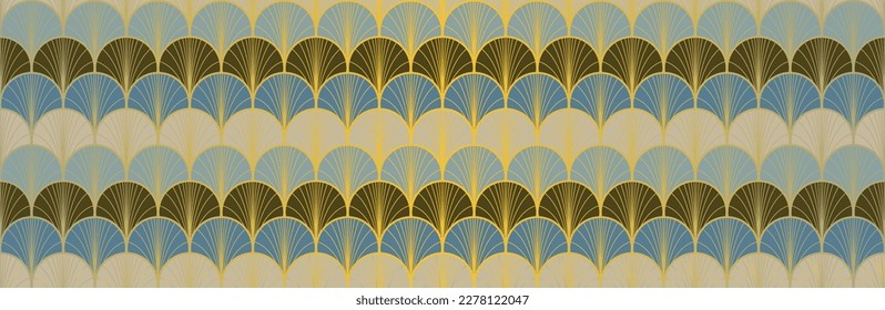 Japanese Fan Golden Seamless Pattern. Geometric Bohemian Asian Wave Print. Luxurious Japanese Clothes Pattern. Elegant Kimono Textile. Retro Gold Chinese Seamless Pattern. Geo Shape Arc Texture