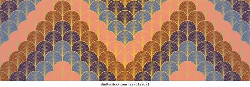 Japanese Fan Golden Seamless Pattern. Elegant Kimono Textile. Luxurious Japanese Clothes Pattern. Geometric Bohemian Asian Wave Design. Retro Gold Chinese Seamless Pattern. Soft Shape Shell Texture