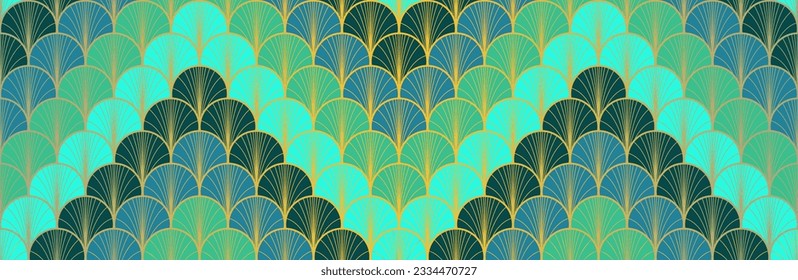 Japanese Fan Golden Seamless Pattern. Luxurious Japanese Clothes Pattern. Geometric Bohemian Asian Wave Texture. Bohemian Kimono Textile. Vintage Gold Chinese Seamless Pattern. Deco Curve Arc Print