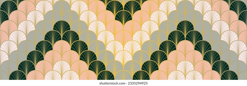 Patrón dorado sin foco del ventilador japonés. Patrón de ropa japonesa de lujo. Diseño geométrico de ondas asiáticas bohemias. Glamour Kimono Textil. Patrón de oro chino de vintage sin foco. Textura de arco de la cáscara de deco