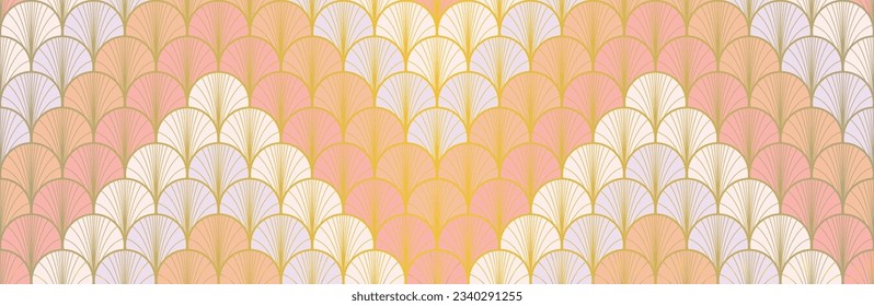 Japanese Fan Golden Seamless Pattern. Rich VIP Japanese Clothes Texture. Bohemian Geometric Asian Wave Pattern. Bohemian Kimono Textile. Vintage Gold Chinese Seamless Pattern. Geo Shell Arc Print