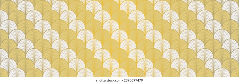 Japanese Fan Golden Seamless Pattern. Bohemian Kimono Textile. Geometric Bohemian Asian Wave Print. Luxurious Japanese Clothes Texture. Vintage Gold Chinese Seamless Pattern. Boho Shape Arc Design