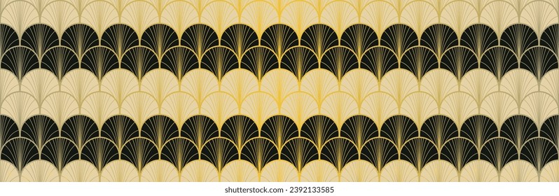 Japanese Fan Golden Seamless Pattern. Elegant Kimono Textile. Luxurious Japanese Clothes Design. Geometric Bohemian Asian Wave Texture. Vintage Gold Chinese Seamless Pattern. Boho Curve Shell Pattern