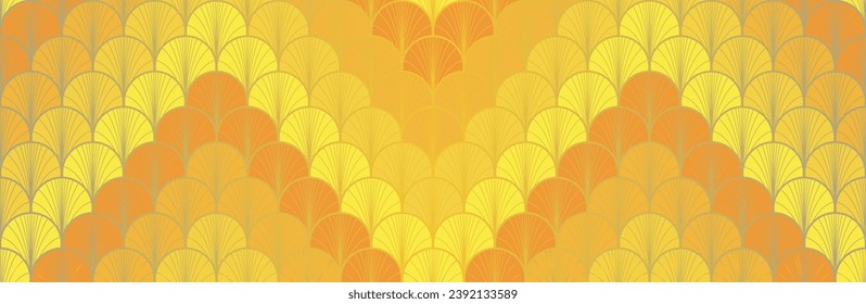 Japanese Fan Golden Seamless Pattern. Rich VIP Japanese Clothes Print. Elegant Kimono Fabric. Geometric Bohemian Asian Wave Design. Vintage Gold Chinese Seamless Pattern. Deco Shell Curve Pattern