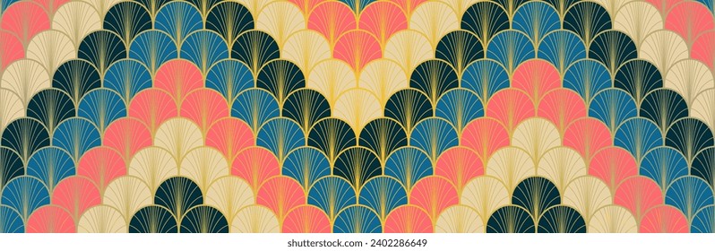 Japanese Fan Golden Seamless Pattern. Rich VIP Japanese Clothes Print. Geometric Bohemian Asian Wave Design. Glamour Kimono Fabric. Retro Gold Chinese Seamless Pattern. Geo Curve Arc Texture