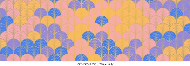 Japanese Fan Golden Seamless Pattern. Elegant Kimono Textile. Bohemian Geometric Asian Wave Pattern. Rich VIP Japanese Clothes Design. Vintage Gold Chinese Seamless Pattern. Boho Curve Shell Texture