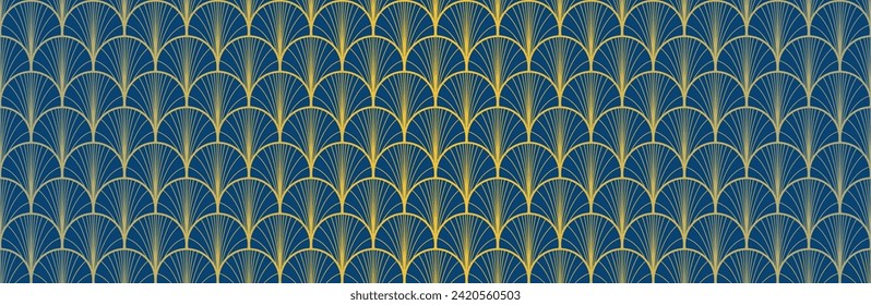 Japanese Fan Golden Seamless Pattern. Elegant Kimono Fabric. Bohemian Geometric Asian Wave Print. Luxurious Japanese Clothes Texture. Retro Gold Chinese Seamless Pattern. Deco Arc Shape Pattern