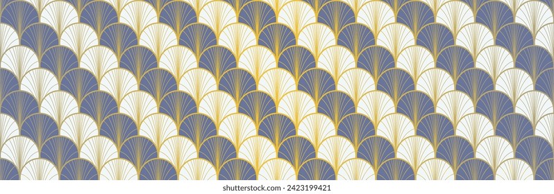 Japanese Fan Golden Seamless Pattern. Premium Japanese Clothes Texture. Bohemian Kimono Fabric. Geometric Bohemian Asian Wave Design. Vintage Gold Chinese Seamless Pattern. Soft Shape Arc Print