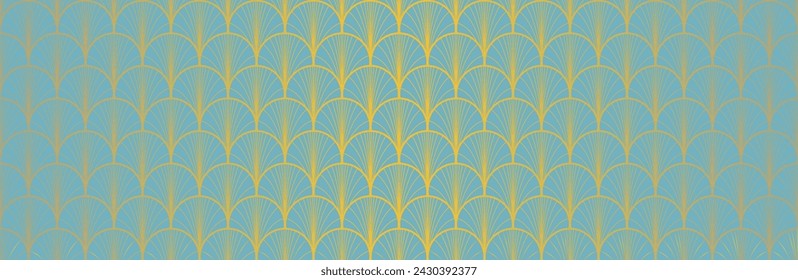 Japanese Fan Golden Seamless Pattern. Rich VIP Japanese Clothes Pattern. Geometric Bohemian Asian Wave Design. Bohemian Kimono Fabric. Retro Gold Chinese Seamless Pattern. Boho Arc Shell Print