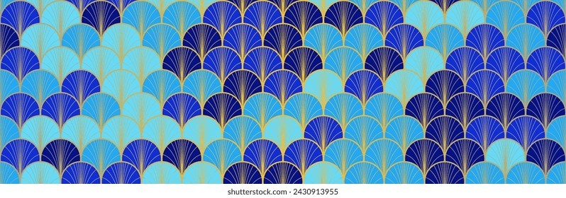 Japanese Fan Golden Seamless Pattern. Glamour Kimono Textile. Geometric Bohemian Asian Wave Design. Luxurious Japanese Clothes Texture. Vintage Gold Chinese Seamless Pattern. Boho Shell Arc Pattern