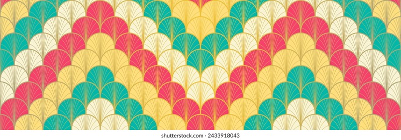 Japanese Fan Golden Seamless Pattern. Rich VIP Japanese Clothes Pattern. Geometric Bohemian Asian Wave Design. Elegant Kimono Fabric. Retro Gold Chinese Seamless Pattern. Soft Curve Shell Texture
