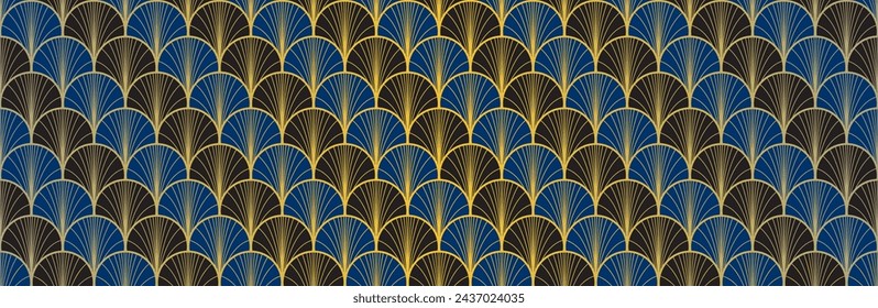 Japanese Fan Golden Seamless Pattern. Luxurious Japanese Clothes Texture. Bohemian Kimono Fabric. Bohemian Geometric Asian Wave Print. Vintage Gold Chinese Seamless Pattern. Boho Shell Arc Pattern