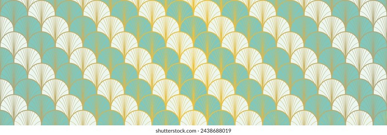 Japanese Fan Golden Seamless Pattern. Geometric Bohemian Asian Wave Print. Rich VIP Japanese Clothes Pattern. Glamour Kimono Textile. Vintage Gold Chinese Seamless Pattern. Geo Arc Shape Design