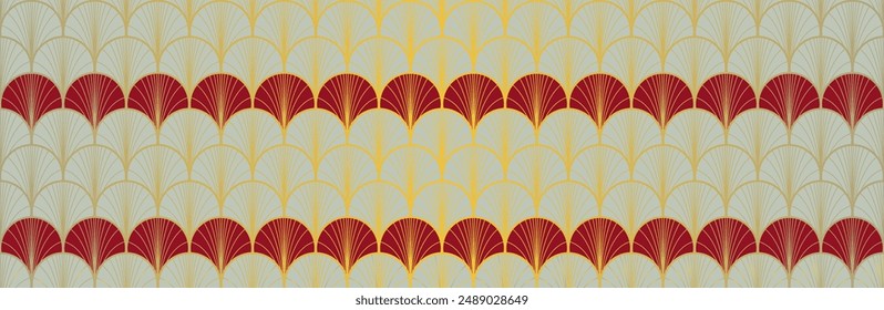 Japanese Fan Golden Seamless Pattern. Luxurious Japanese Clothes Print. Elegant Kimono Fabric. Geometric Bohemian Asian Wave Pattern. Vintage Gold Chinese Seamless Pattern. Deco Shell Curve Design