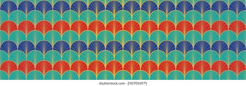 Japanese Fan Golden Seamless Pattern. Geometric Bohemian Asian Wave Print. Elegant Kimono Textile. Premium Japanese Clothes Pattern. Vintage Gold Chinese Seamless Pattern. Soft Shell Arc Design