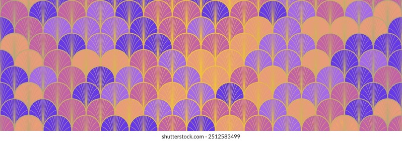 Japanese Fan Golden Seamless Pattern. Bohemian Kimono Fabric. Geometric Bohemian Asian Wave Print. Rich VIP Japanese Clothes Texture. Retro Gold Chinese Seamless Pattern. Geo Shell Shape Pattern