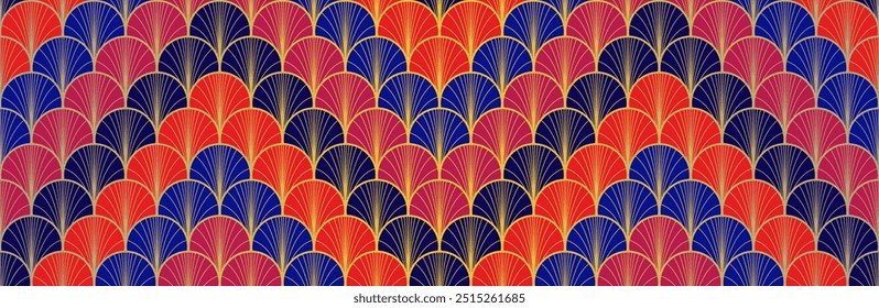 Japanese Fan Golden Seamless Pattern. Premium Japanese Clothes Texture. Bohemian Geometric Asian Wave Print. Glamour Kimono Textile. Retro Gold Chinese Seamless Pattern. Deco Arc Shell Pattern