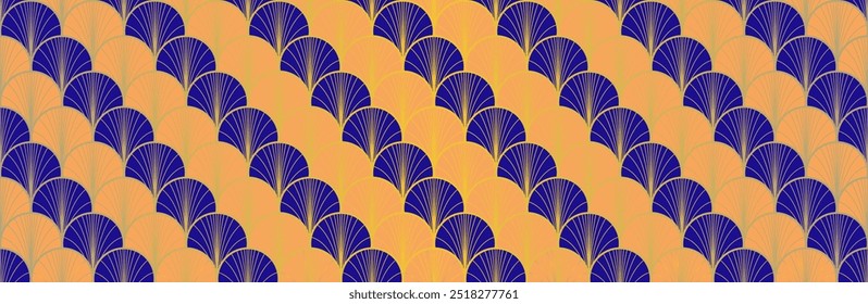 Japanese Fan Golden Seamless Pattern. Geometric Bohemian Asian Wave Texture. Rich VIP Japanese Clothes Print. Elegant Kimono Textile. Vintage Gold Chinese Seamless Pattern. Soft Shape Curve Pattern