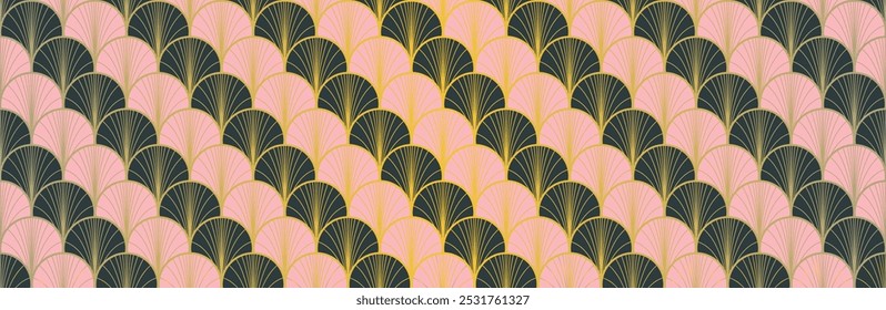 Japanese Fan Golden Seamless Pattern. Bohemian Geometric Asian Wave Print. Bohemian Kimono Fabric. Luxurious Japanese Clothes Design. Retro Gold Chinese Seamless Pattern. Boho Arc Curve Texture
