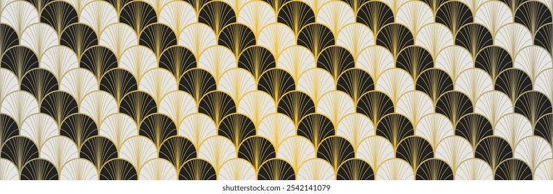 Japanese Fan Golden Seamless Pattern. Bohemian Kimono Textile. Bohemian Geometric Asian Wave Texture. Rich VIP Japanese Clothes Print. Vintage Gold Chinese Seamless Pattern. Boho Arc Shell Pattern