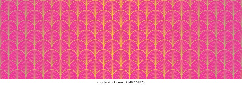 Japanese Fan Golden Seamless Pattern. Glamour Kimono Fabric. Luxurious Japanese Clothes Design. Bohemian Geometric Asian Wave Print. Vintage Gold Chinese Seamless Pattern. Geo Arc Shell Texture