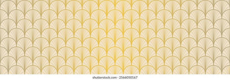 Japanese Fan Golden Seamless Pattern. Luxurious Japanese Clothes Print. Geometric Bohemian Asian Wave Texture. Bohemian Kimono Fabric. Retro Gold Chinese Seamless Pattern. Deco Arc Curve Design