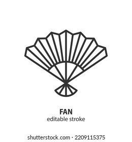 Japanese fan line icon. Folding oriental fan vector sign. Editable stroke.