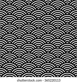 Japanese Fan Pattern, Vector Illustration. Asian Black And White Wave Background. 