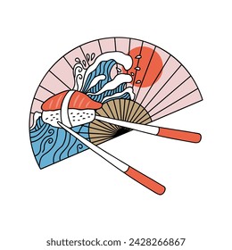 Abanico japonés con olas de mar, sol y sushi nigiri con salmón en palillos en estilo doodle.