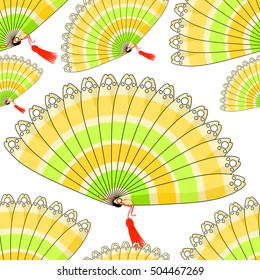 Japanese fan seamless pattern with colored stripes vector illustration