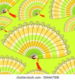 Japanese fan seamless pattern with colored stripes on a green background vector illustration
