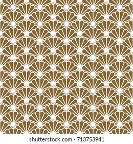 Japanese fan vector seamless pattern in gold line color style. Japan seashell inspired floral design.