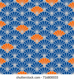 Japanese fan vector seamless pattern in blue and orange color style. Japan seashell inspired floral design.
