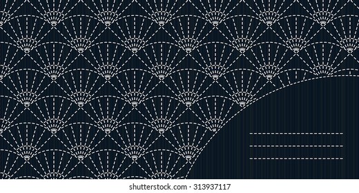 Japanese fancywork design. Text frame. Sashiko stitching backdrop. Old motif. Monochrome template. Abstract sashiko background with copy space for text. Sashiko motif - fans (Uchiwa).